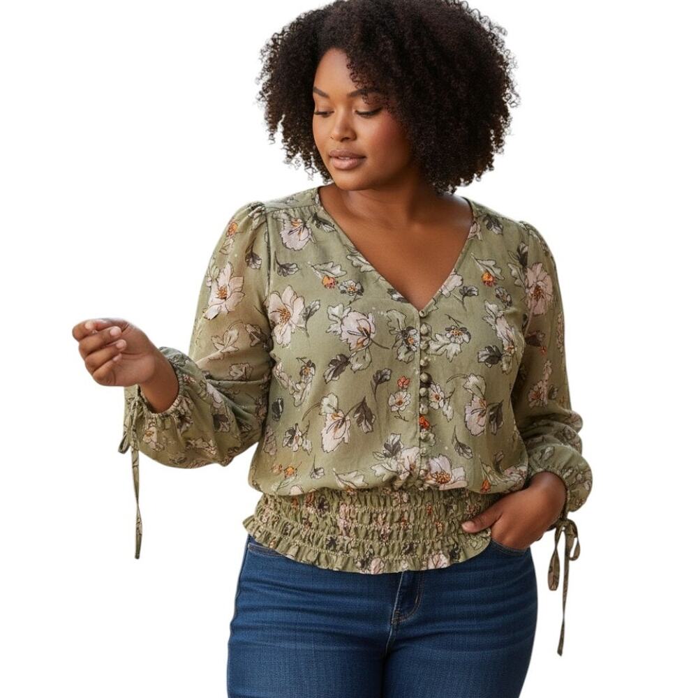 Forever 21 Women's Sheer Floral Boho Top, Green, Size 3X
